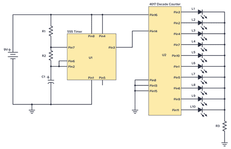 CD4017 Example Circuit – Running LEDs