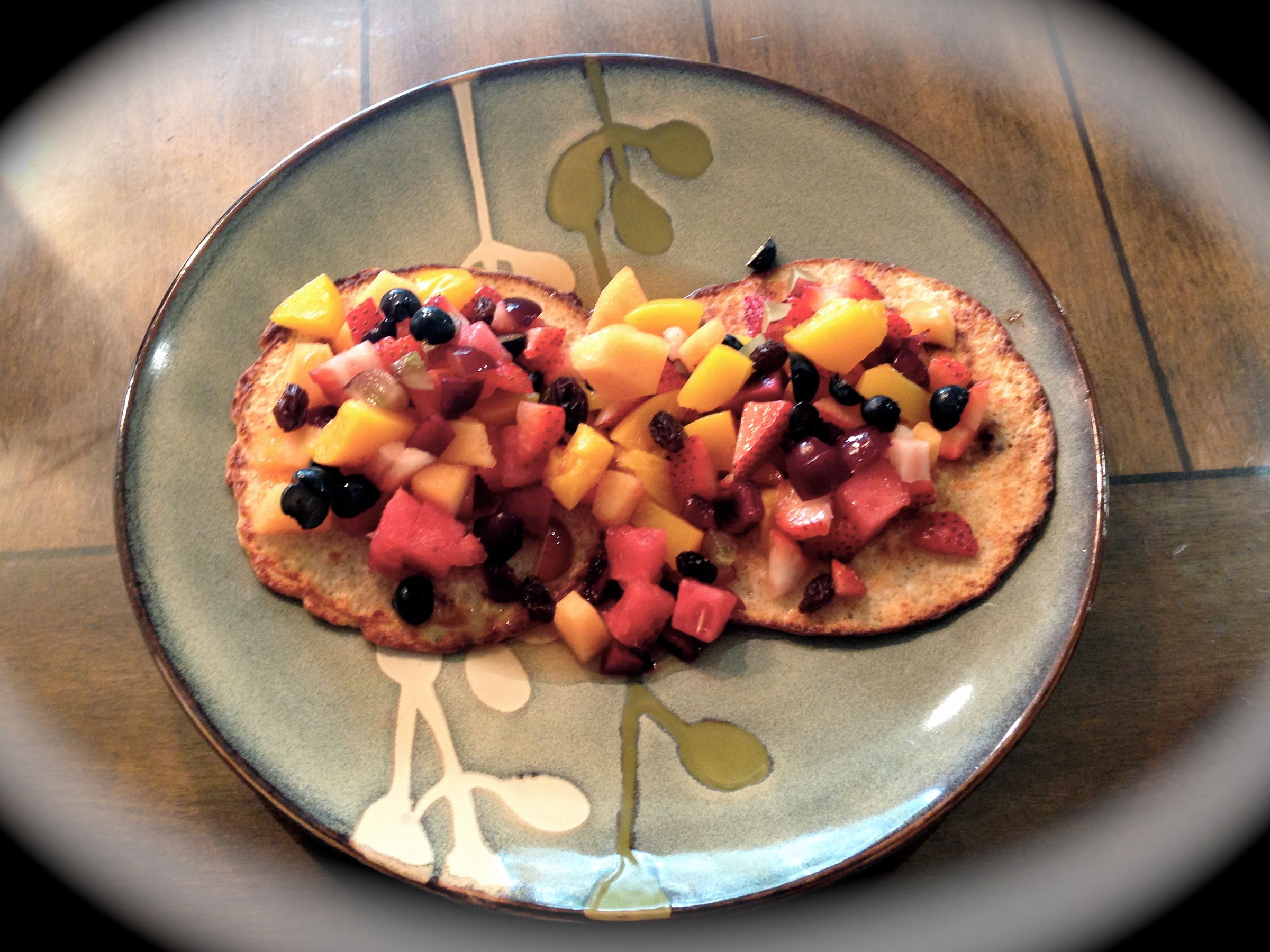 No Flour Cinnamon Blueberry Oatmeal Pancakes with Fruit & Raisin Topping