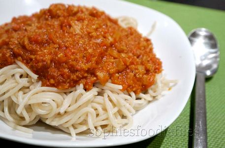 Vegan Veggie Seitan Pasta Sauce on a Bed of Spelt Spaghetti