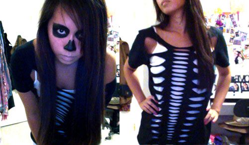 Skeleton Halloween DIY Costume & Makeup - Cut Up T-Shirt