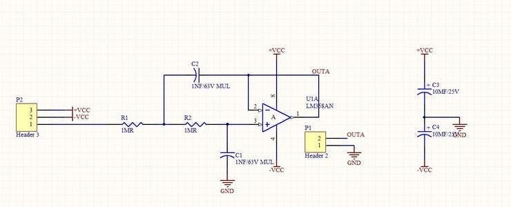 The Printed Circuit Board of the Active Low Pass Filter RC