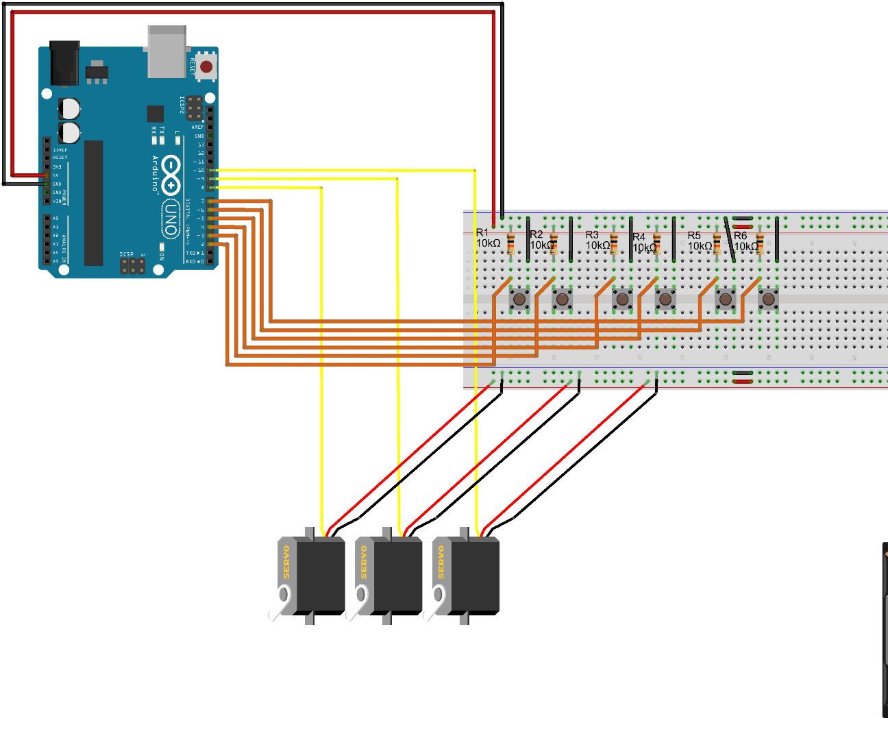 How to Control 3 Servo Motors using Push Button Switches and an Arduino Uno