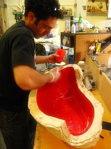 Mold Complete. Begin Lay Up by Painting and Smearing Gel Coat Inside the Left and Right Halves of the Mold.