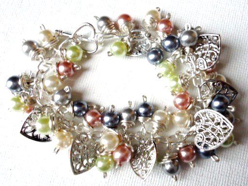 Pearl Cluster Bracelet / Charm Bracelet OOAK - Blue, Pink, Green, Cream, and Silver