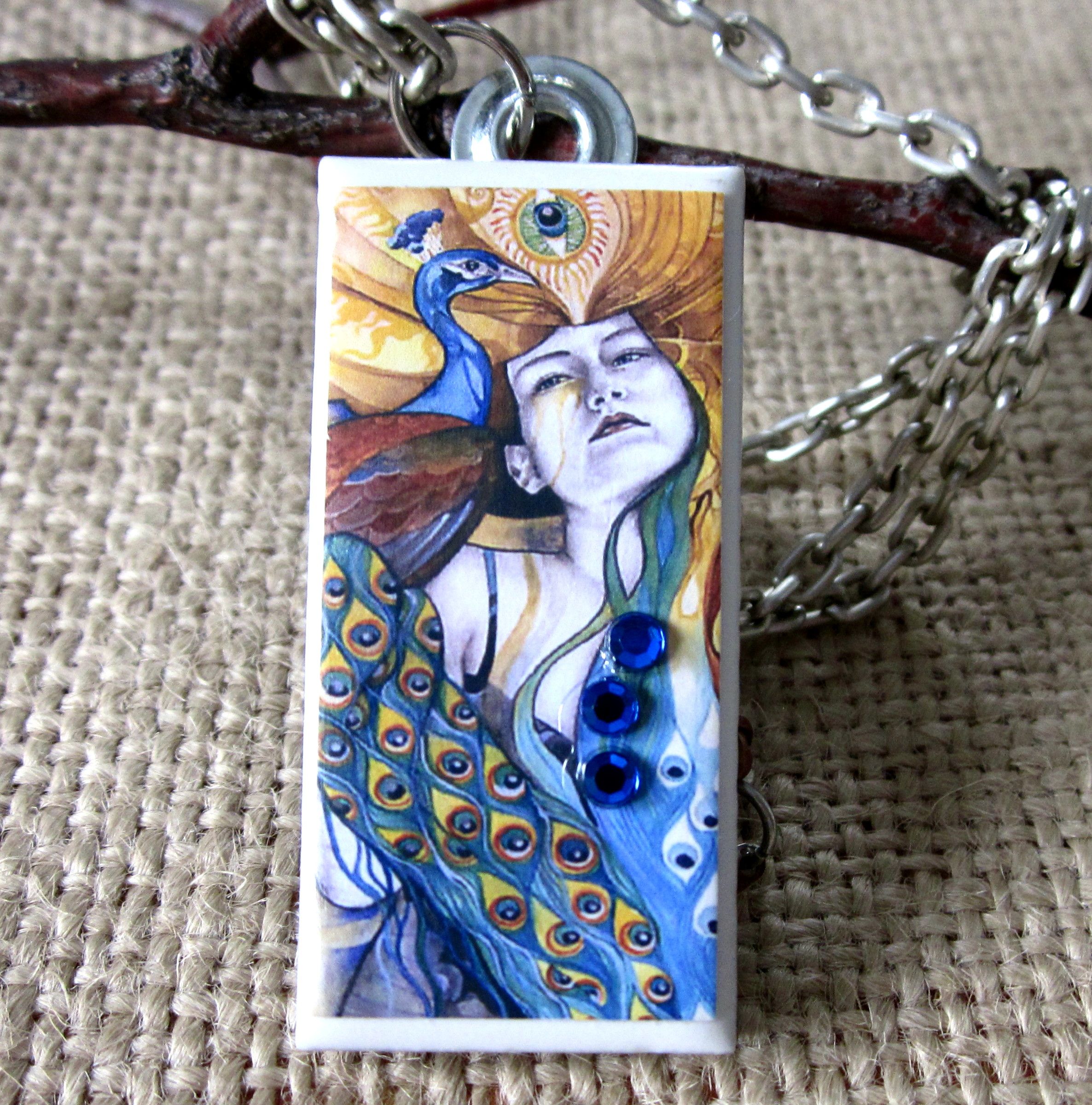 Peacock Feathers Ceramic Tile Pendant