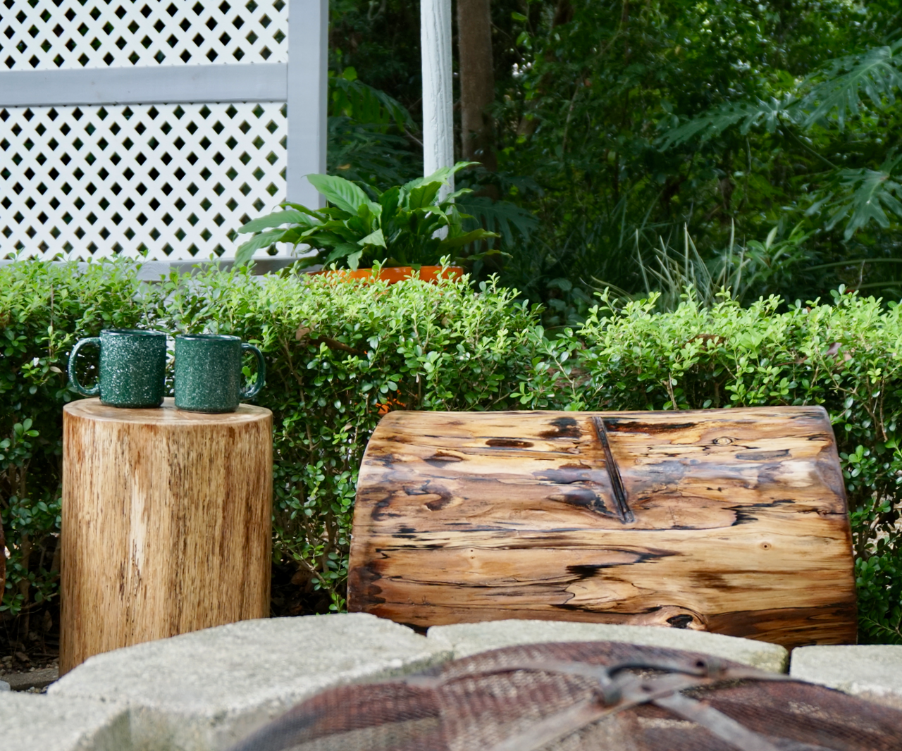 Log and Concrete Fire Pit Benches