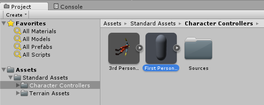 Project Tab Showing First Person Player Controller Selected