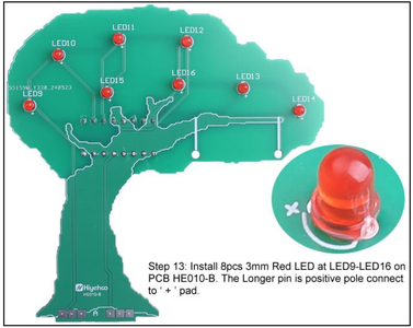Install 8pcs 3mm Red LED at LED9-LED16 on PCB HE010-