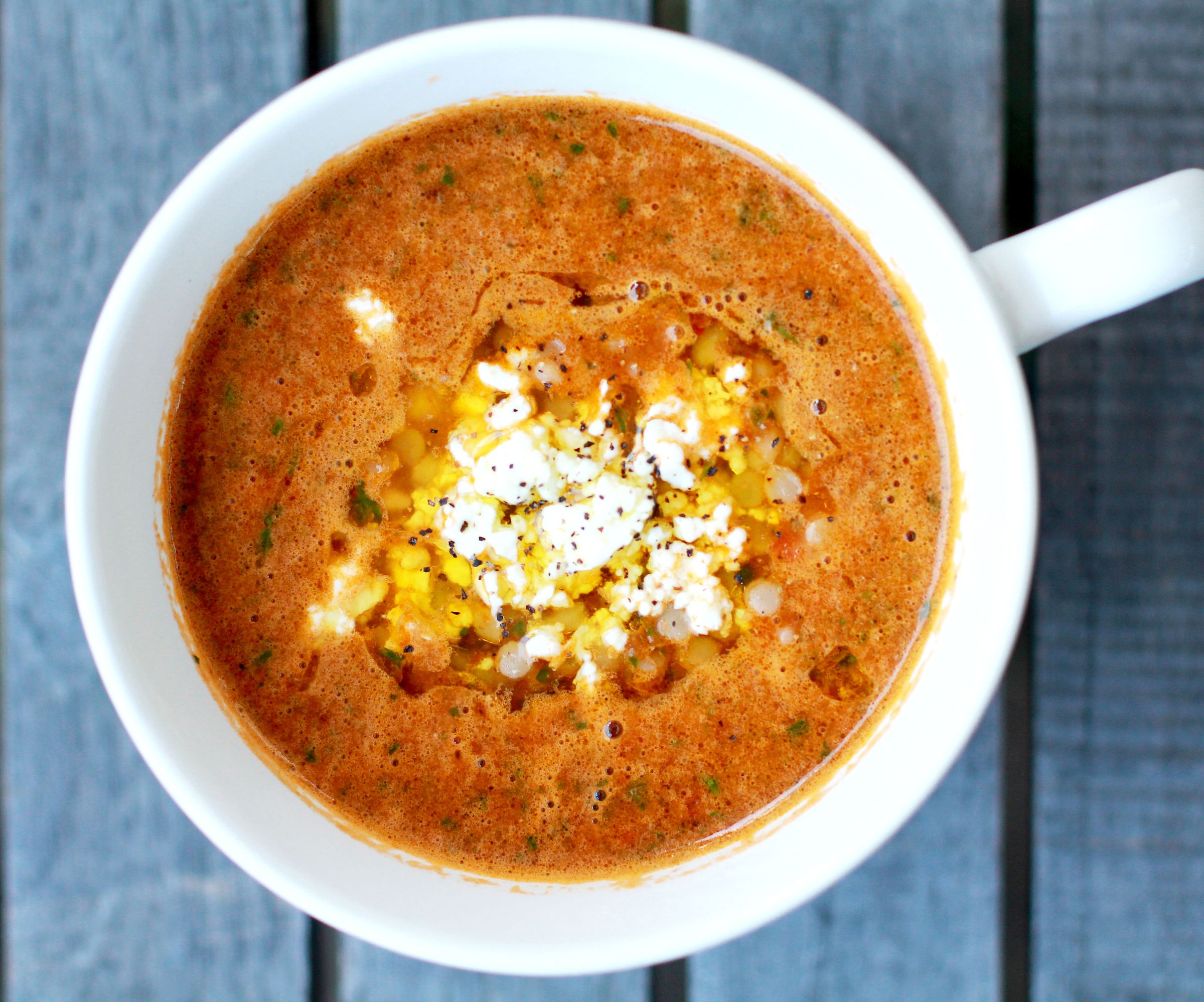 Fire Roasted Tomato Soup With Chickpeas and Israeli Couscous