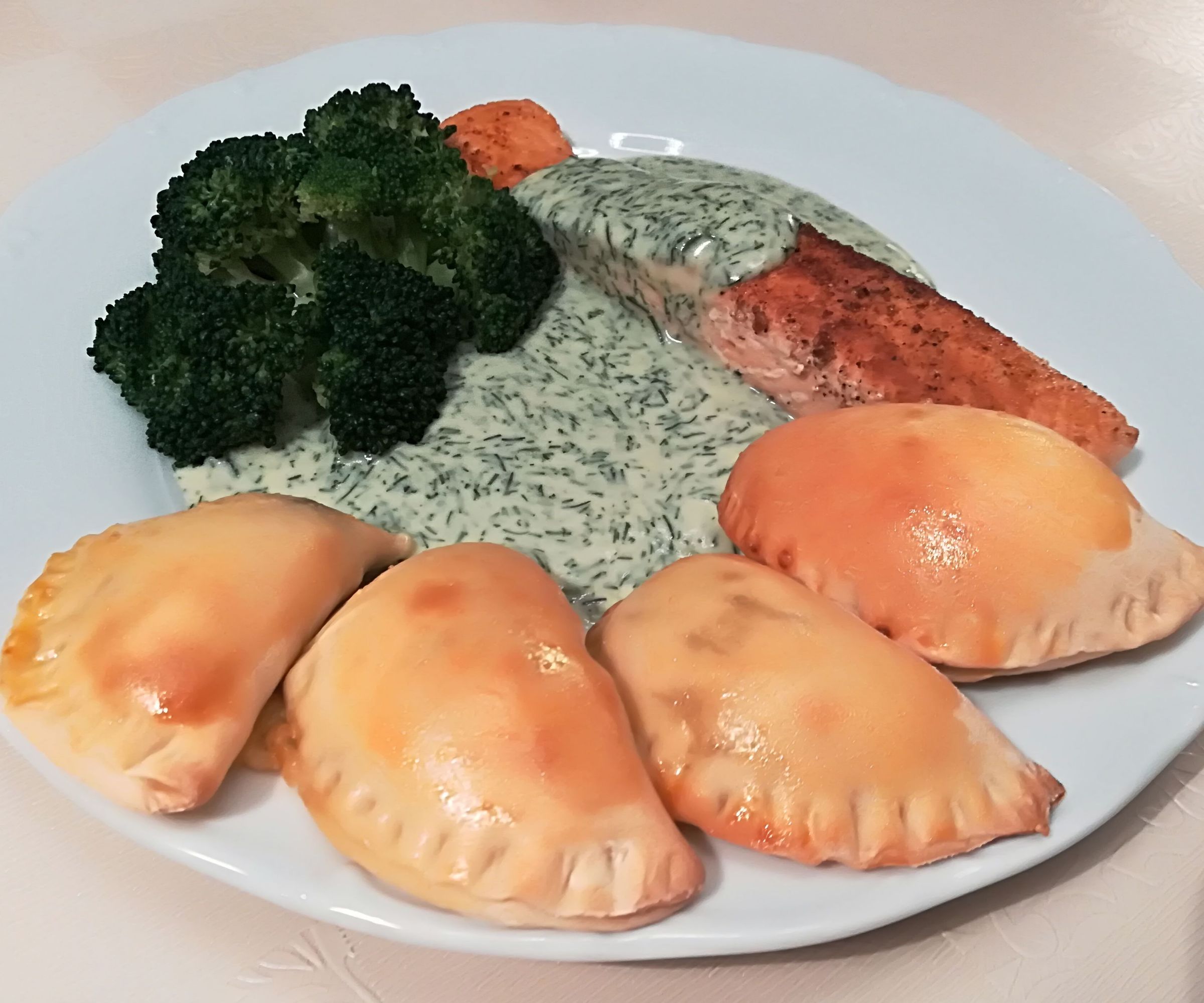 Salmon Filet With Dill Sauce and Mushroom Dumplings