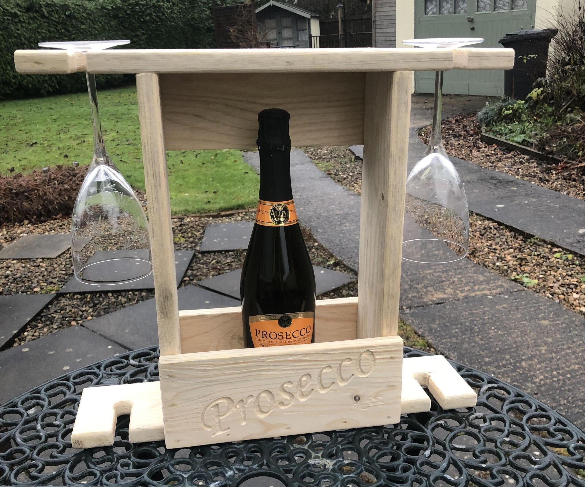 Pallet Wood Prosecco 2 Bottle & 4 Glasses Wine Rack