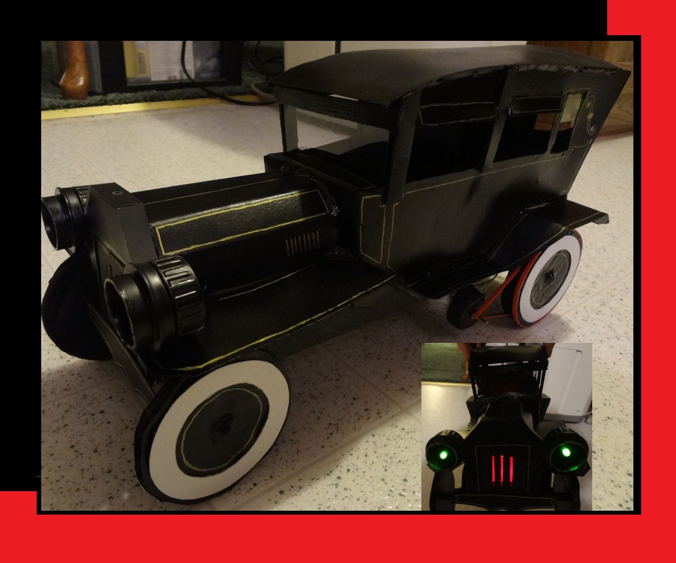 Cardboard Hearse Car With Motor & Led's, Pulley Driven.