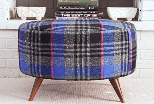 Upholster an Ottoman With a Vintage Plaid Skirt
