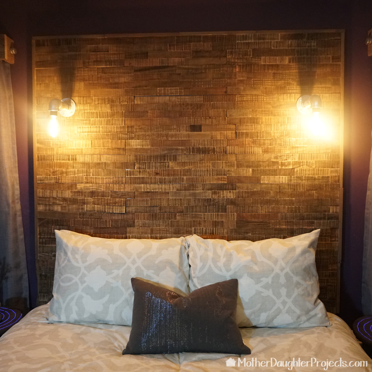 Rustic Industrial Pallet Headboard With Pipe Lights - Image 1