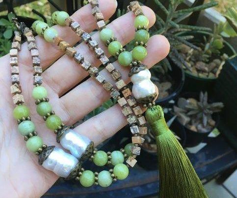 Olive Green Jasper & Freshwater Pearl Mala Necklace