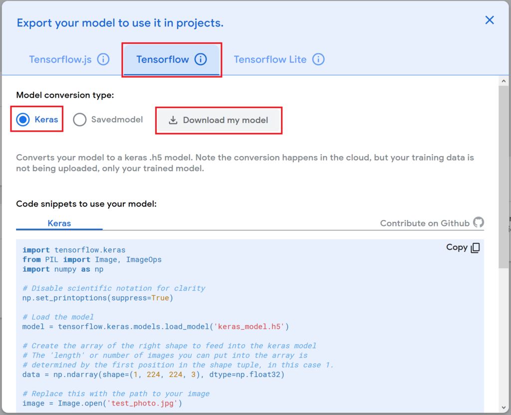 Generating a Model With Teachable Machine