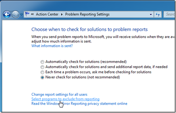Stop or Disable WINDOWS 7 Error Reporting