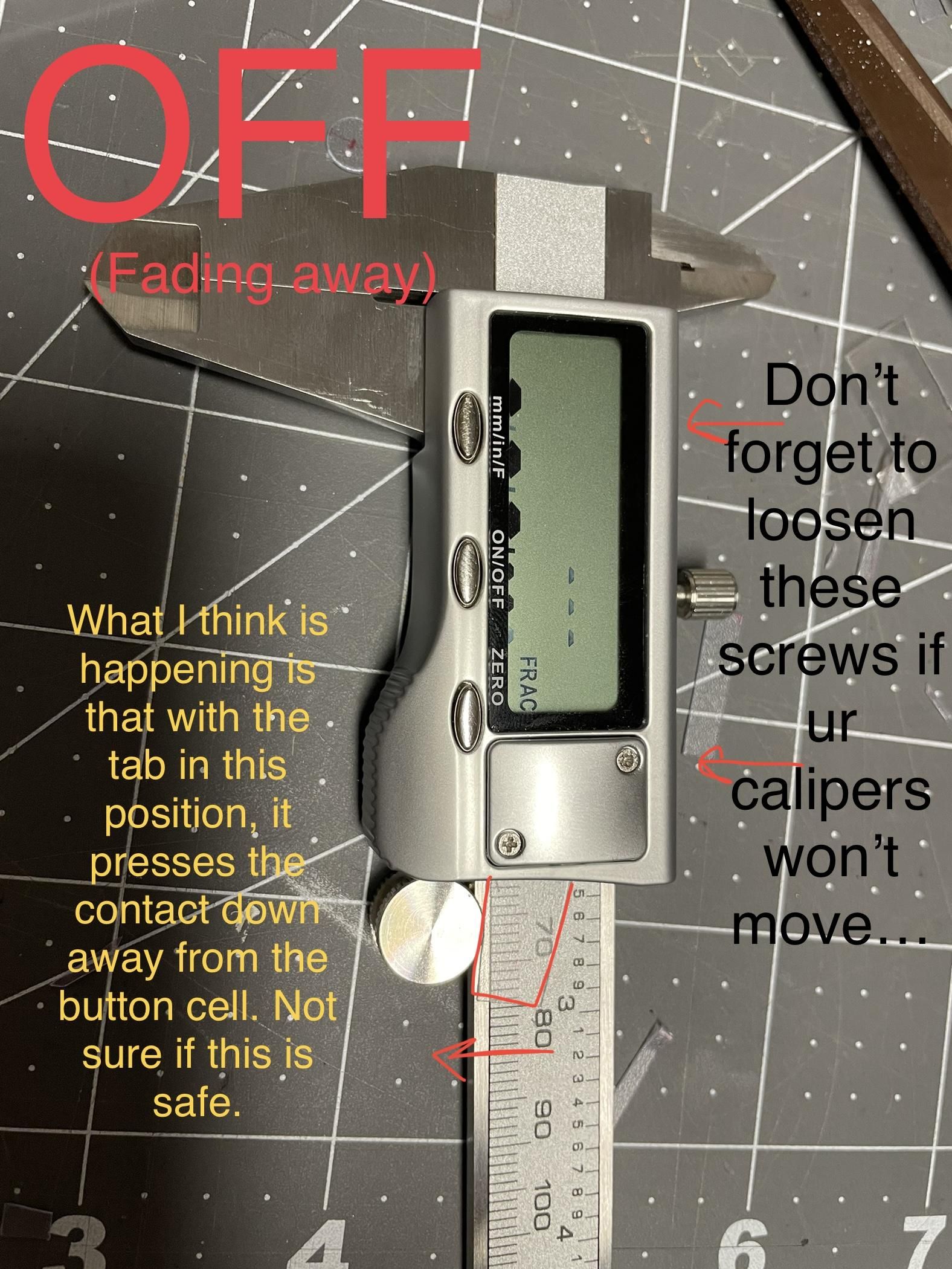 Caliper Battery Hack, No Solder, Scrap Plastic (Accidental Toggle
