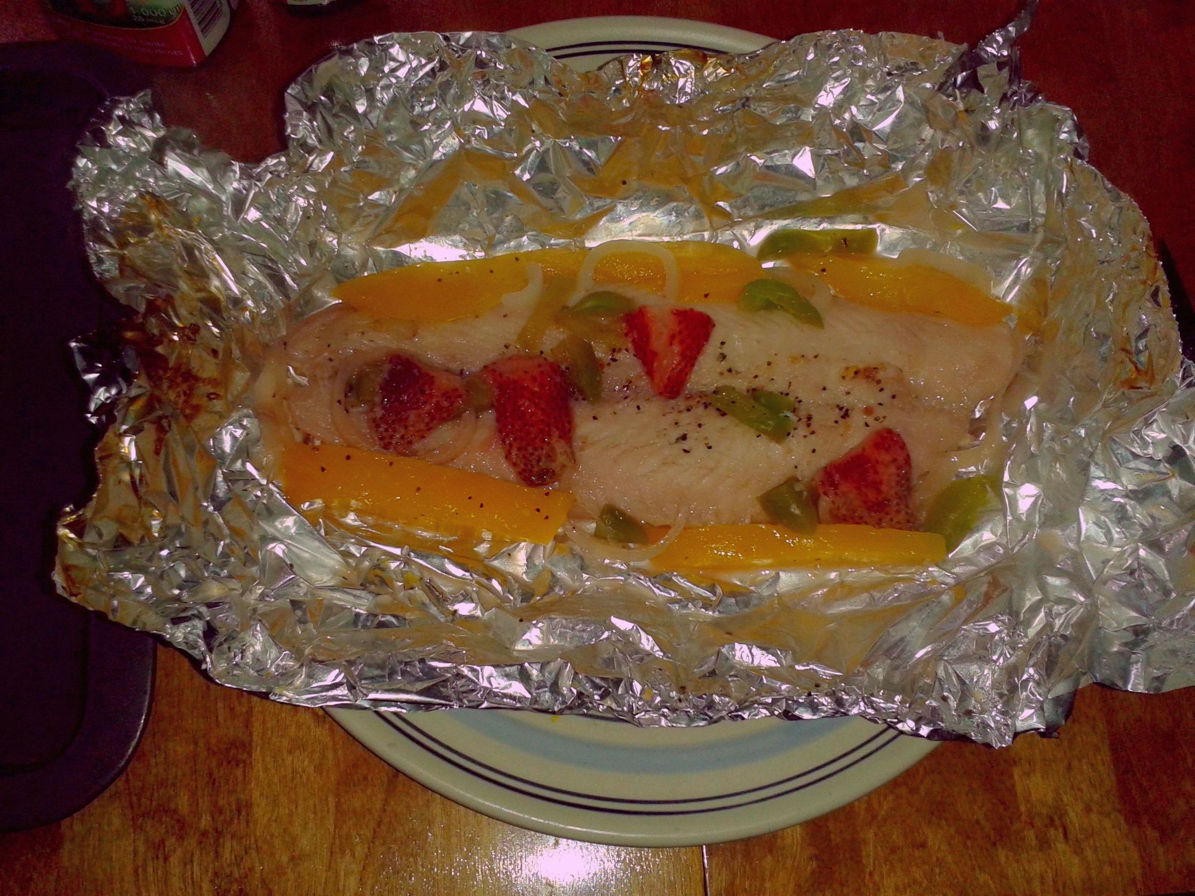 Gourmet BBQ'd Poached Mango Strawberry Fish Filets