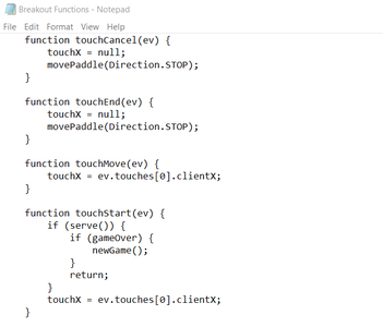Function TouchCancel, TouchEnd, TouchMove, and TouchStart