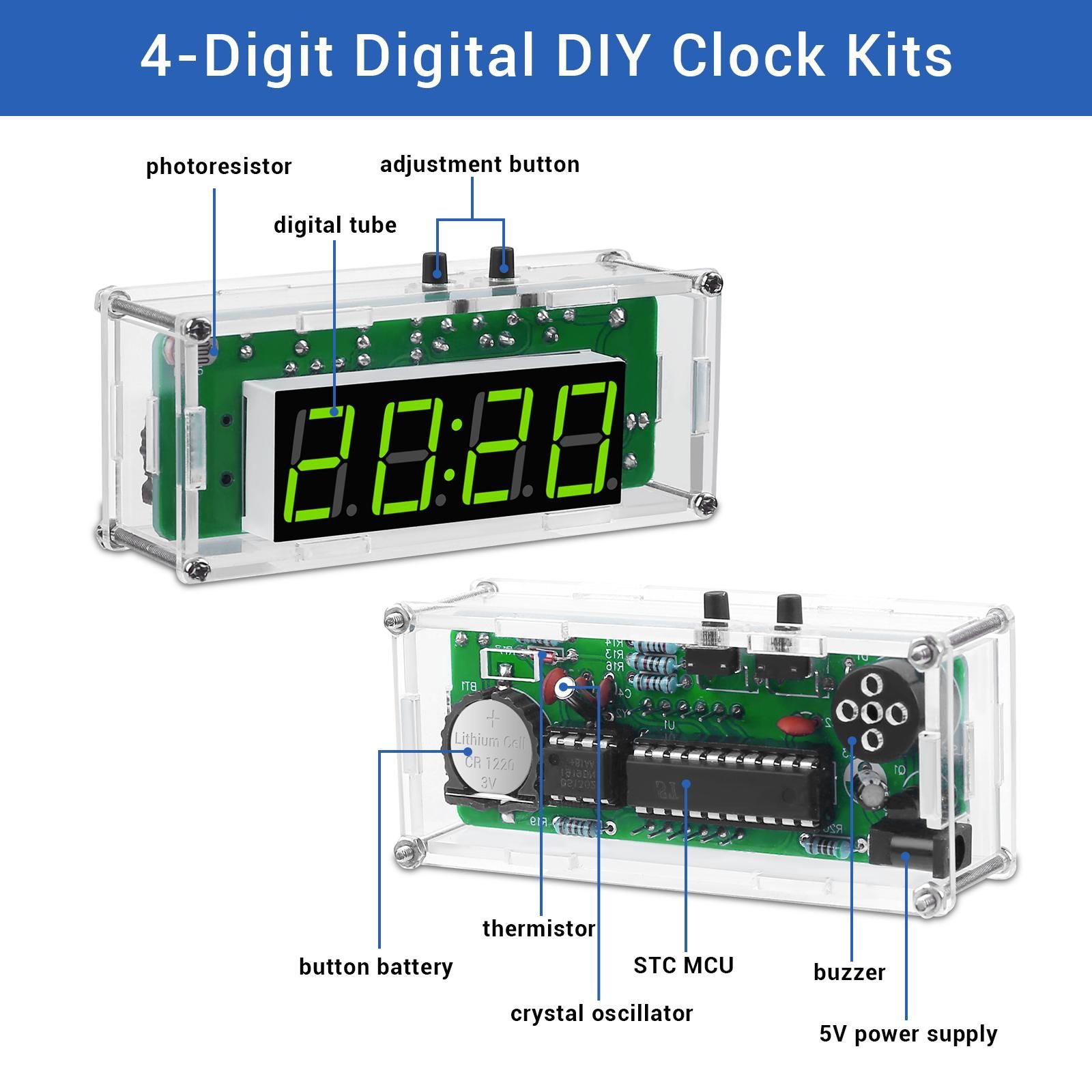 MiOYOOW 4Digit Digital DIY Clock Kits With Acrylic Shell 18 Steps
