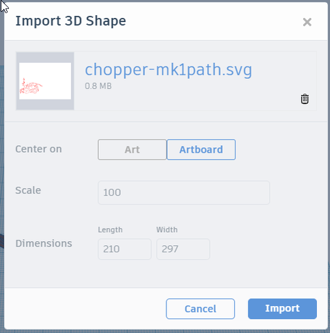 An imported design being resized and positioned on a Tinkercad workplane