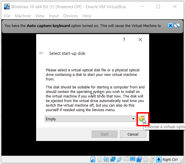 13. Pilih ISO Anda Sebagai Disk Startup. di Jendela 'Pilih Disk Start-up', Klik Ikon Folder dan Arahkan ke ISO Windows 10.