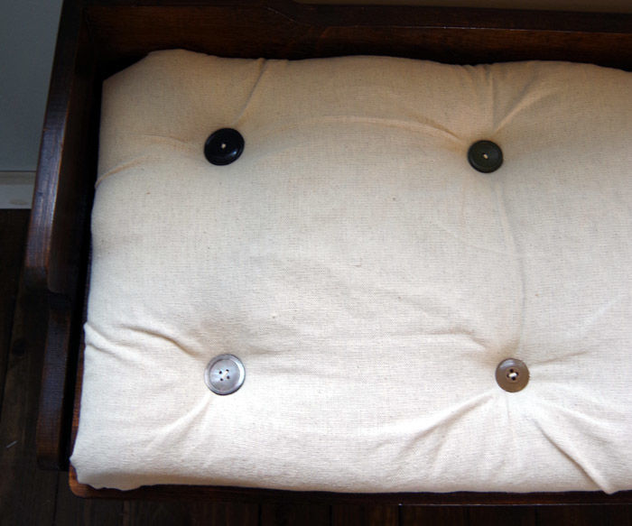Refinishing a Bench and How to Make a No-sew Tufted Cushion