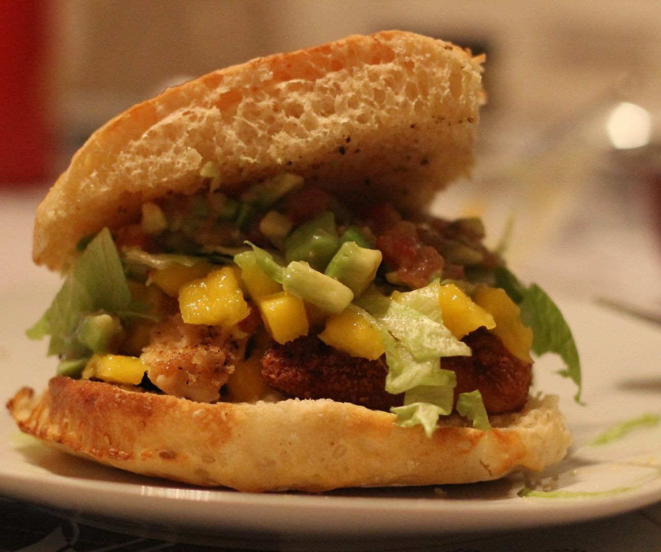 Crispy Chicken Burger with Mango Salsa and Guacamole