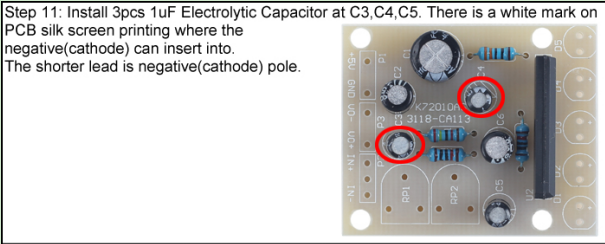 Install 3pcs 1uF Electrolytic Capacitor at C3,C4,C5.