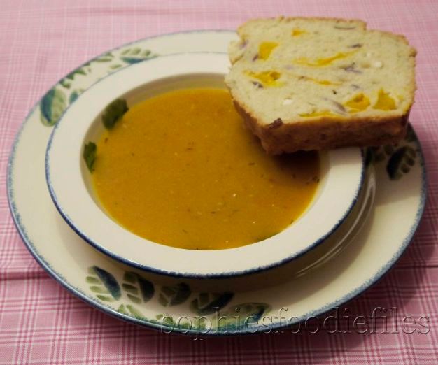 Roasted Pumpkin, Chorizo & Thyme Soup Served With a Feta, Pumpkin Red Onion Bread!