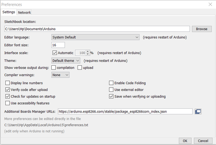 Arduino IDE Settings: