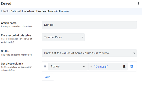 Add Actions "Approved," "Denied," and "Pending."