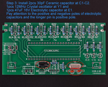 Install Ceramic Capacitor, Crystal Oscillator, Electrolytic Capacitor 