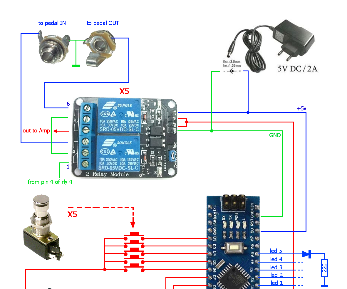 Arduino Programable 5 Pedal Switcher