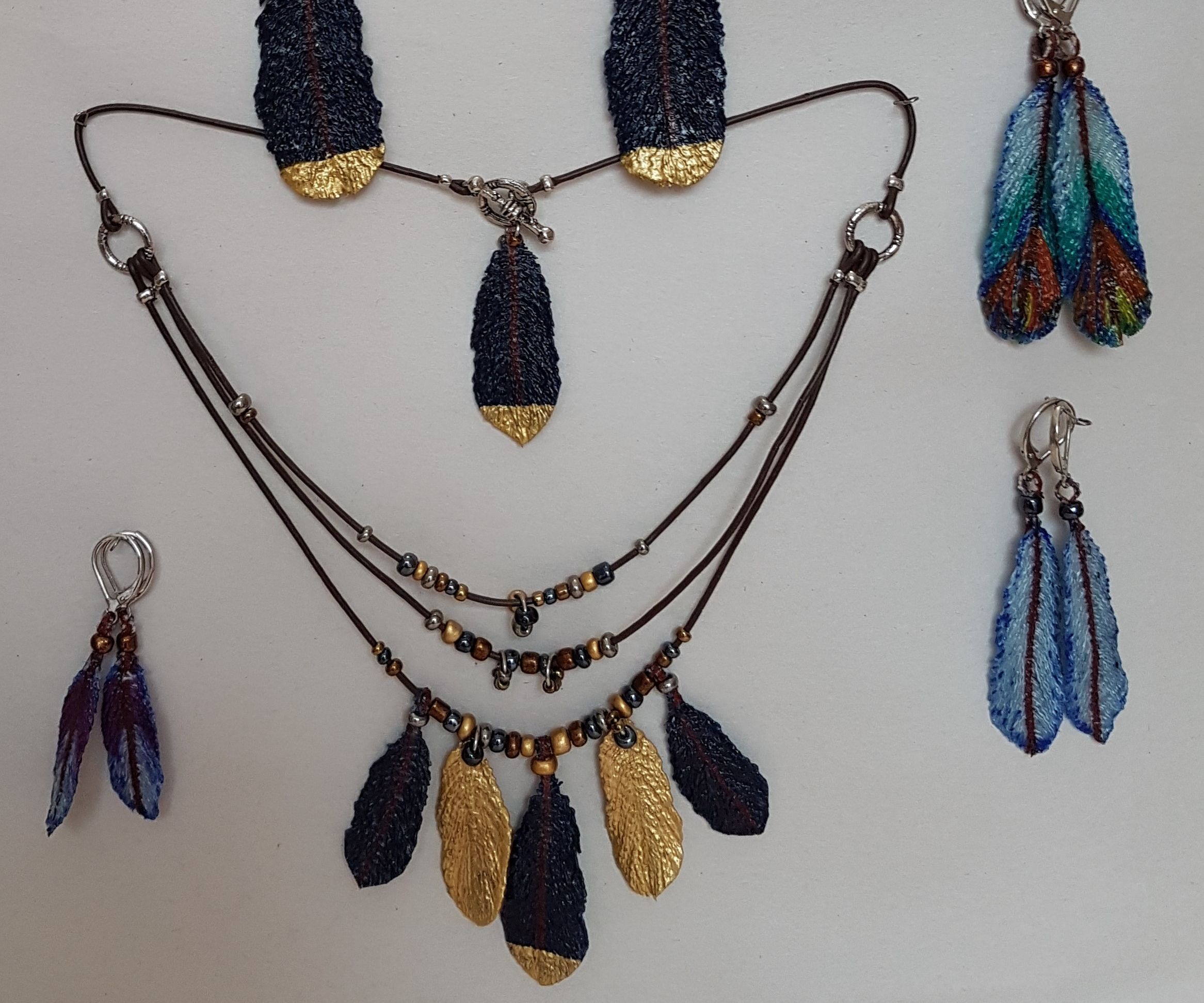 Denim Feather Earrings and Necklace