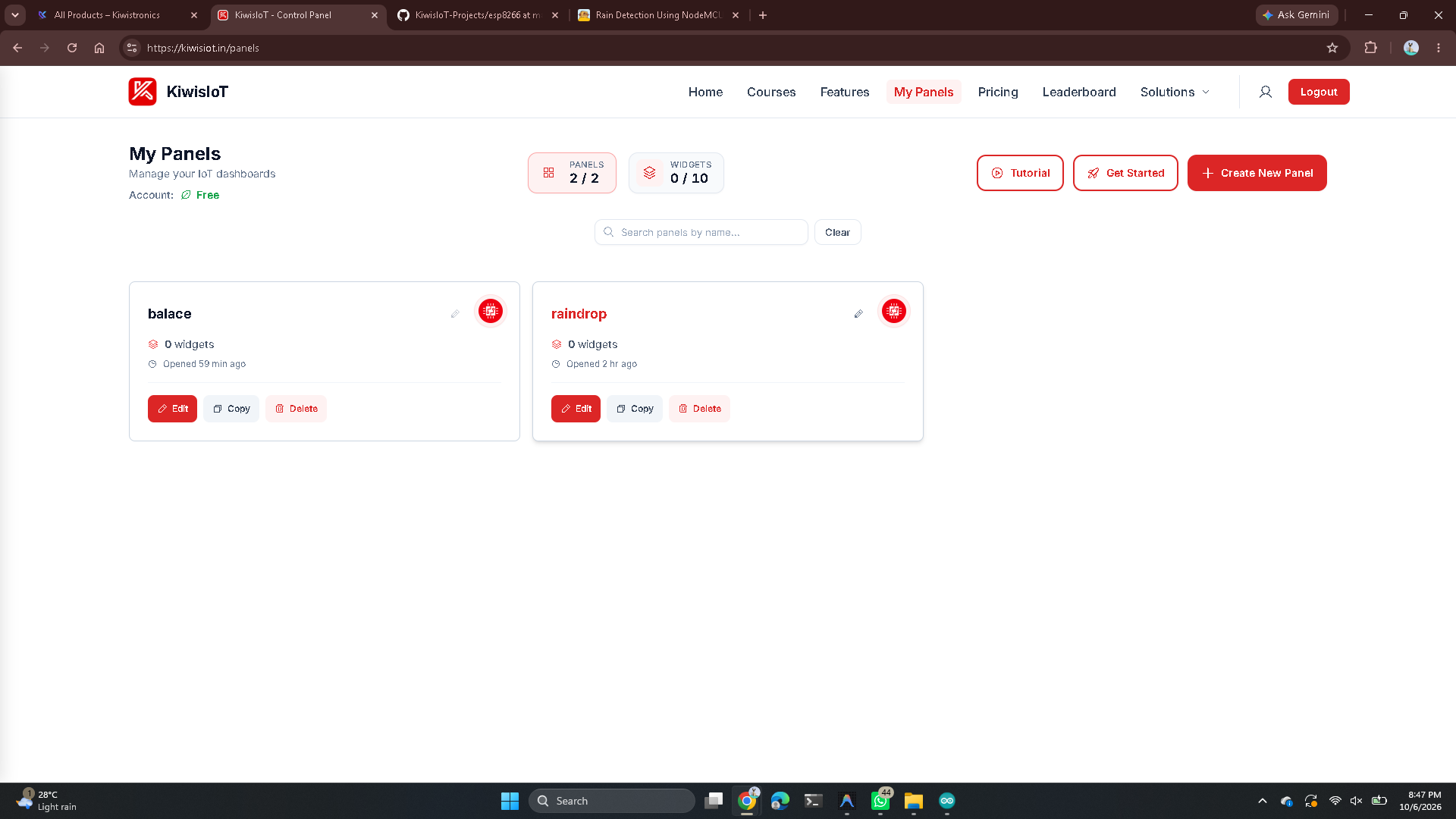 หน้าตั้งค่า KiwisIoT Dashboard สำหรับ Rain Sensor
