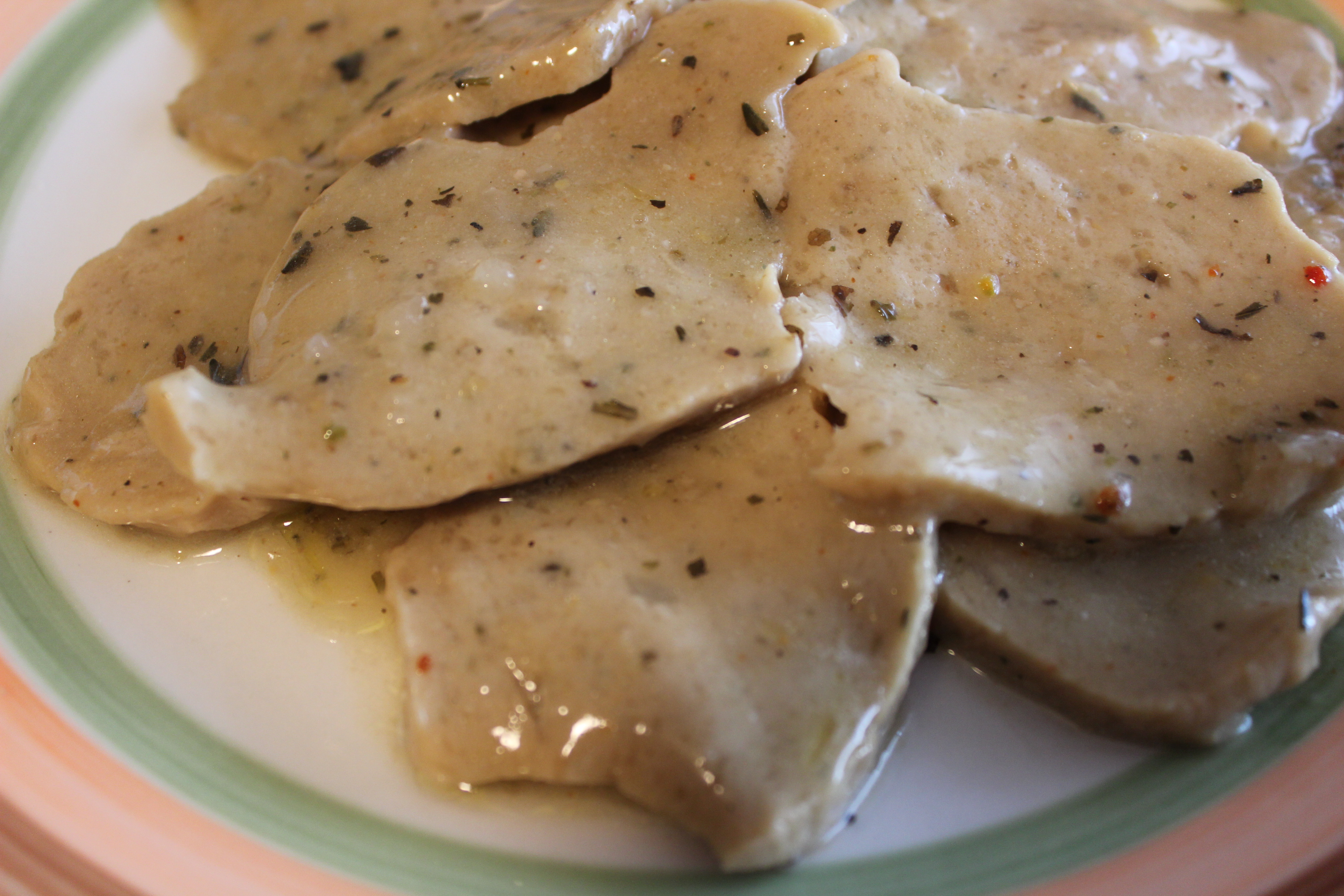 Tender Seitan Slices in Herbed Gravy