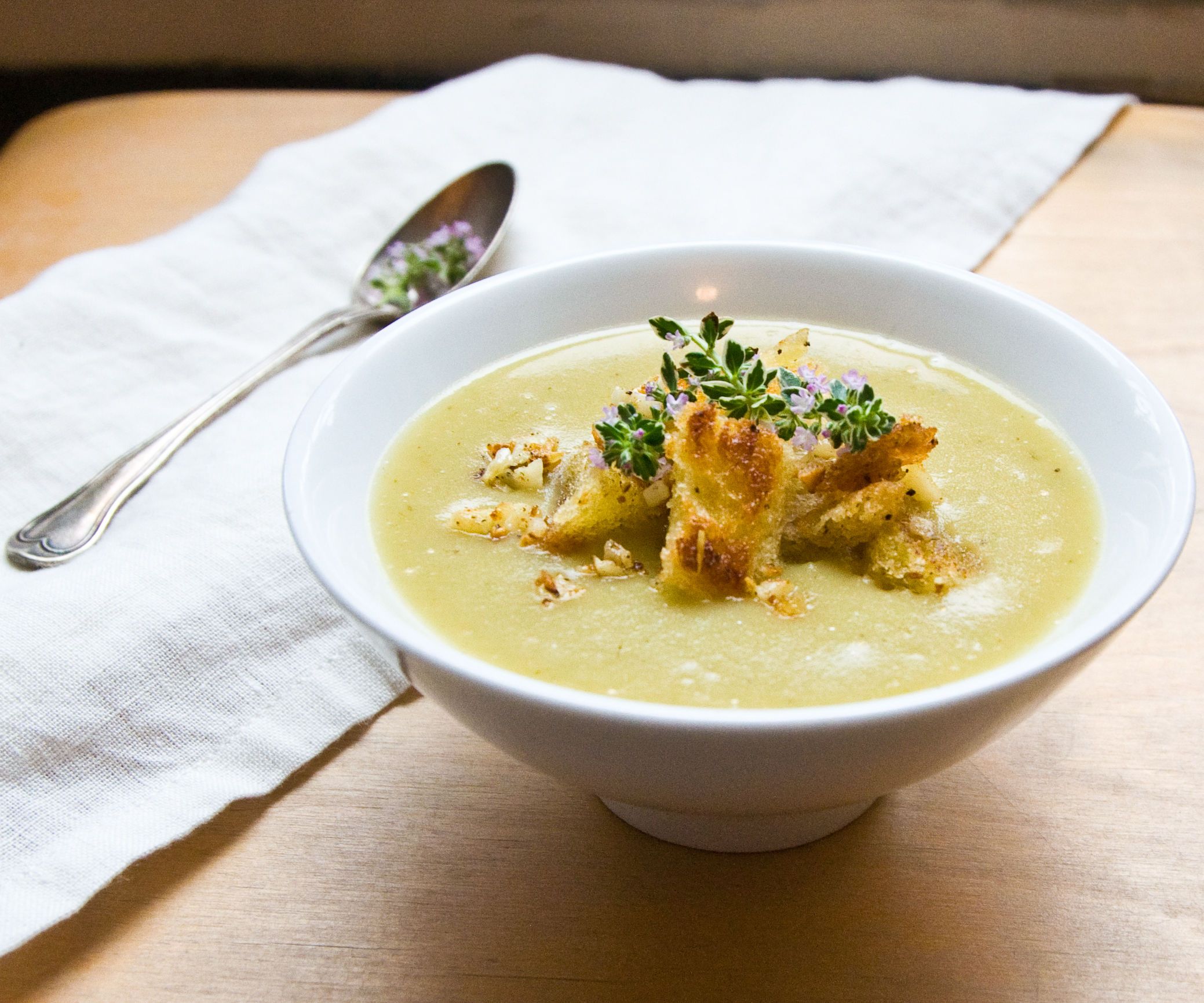 Velvety Potato & Leek Soup W/ Chunky Garlic Croutons