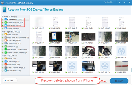 Select Camera Roll, Photo Stream or App Photos to Recover Pics You Want.