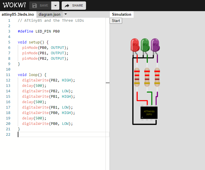 Simulating ATtiny85 Arduino Code - Wokwi Arduino Simulator