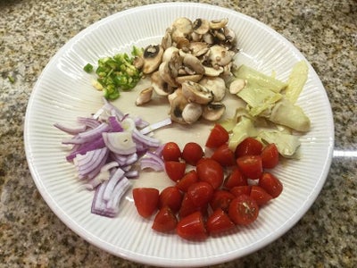 Chop the Veggies for Both the Pizzas and Set Aside: