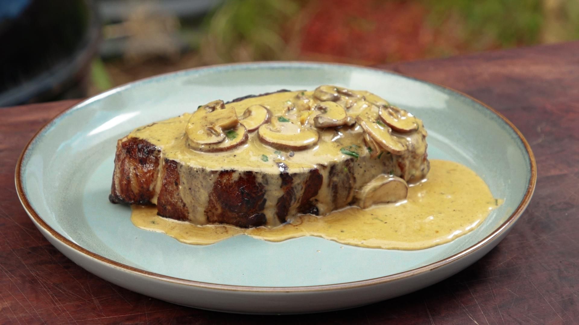 Garlic Burnt Butter Creamy Mushroom Sauce With Porter House Steak