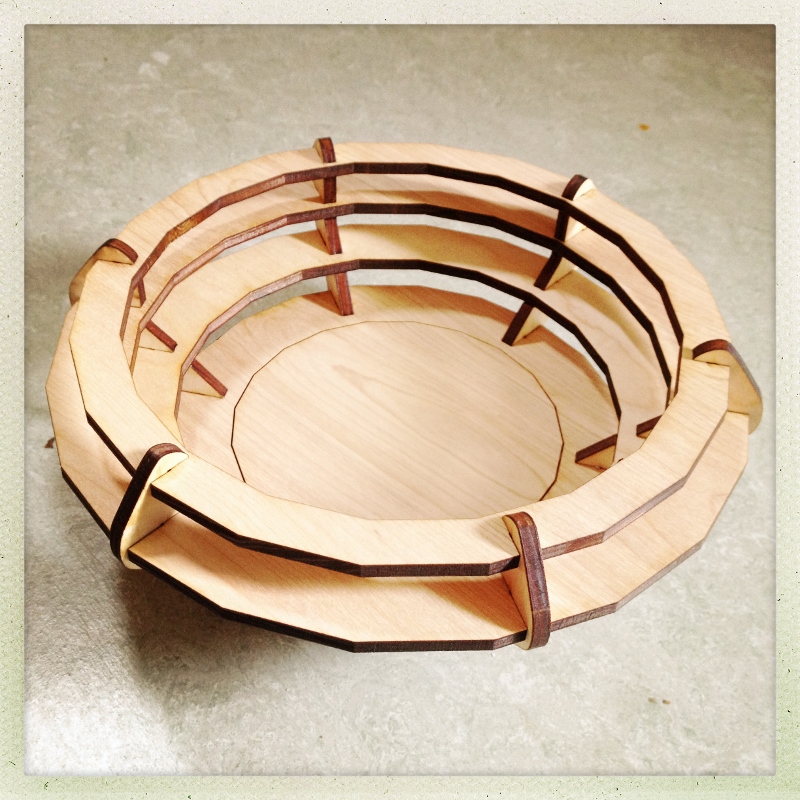 Laser Cut Bowl in Cardboard and Wood.