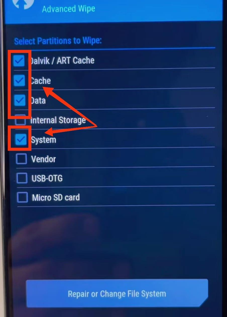 Wipe the Old System (Dalvik, Cache, System, Data)