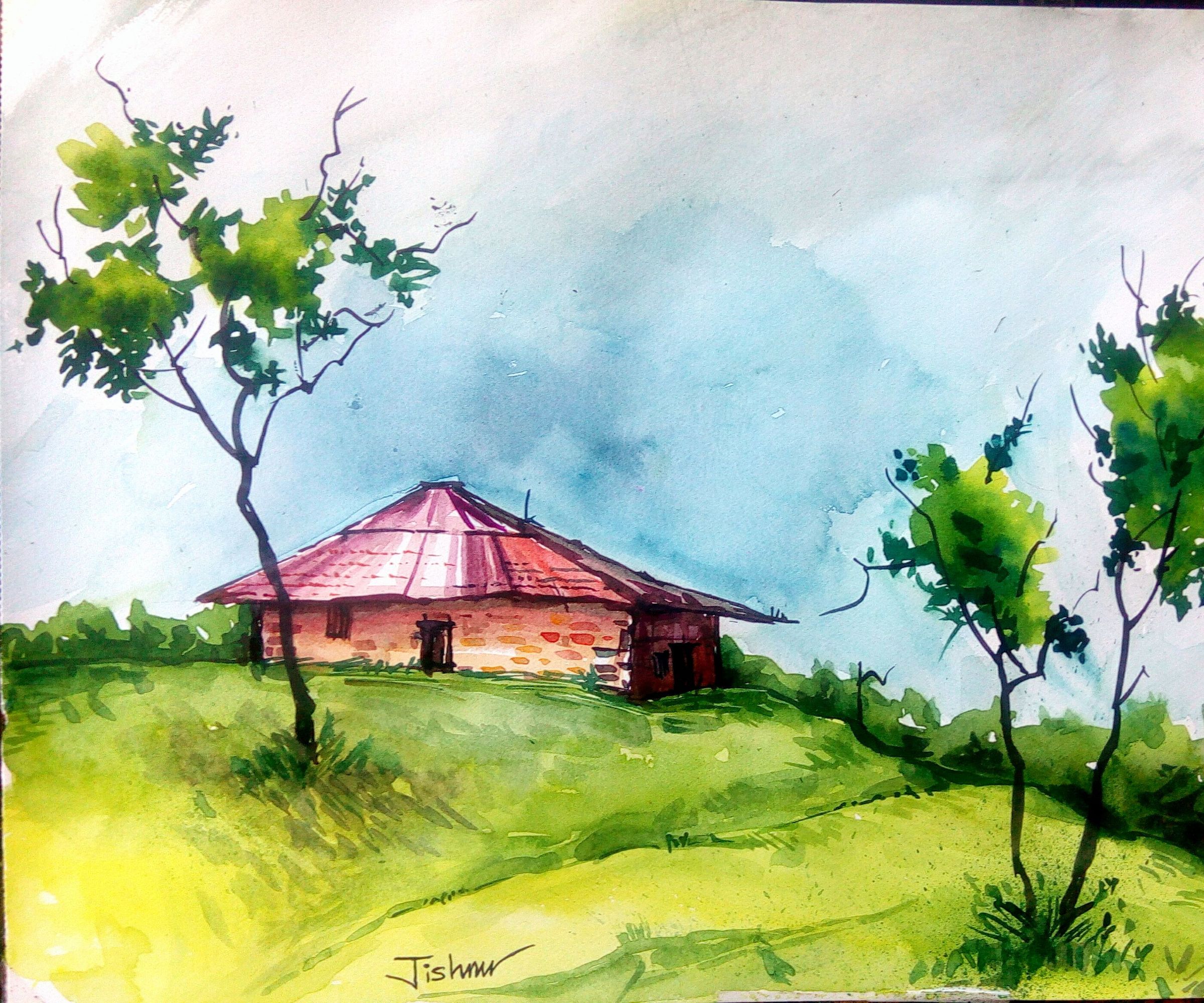 House on the Mountain Using Water Colour Painting