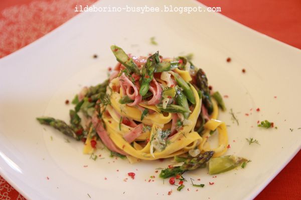 Coloured Homemade Tagliatelle With Asparagus and Fresh Herbs