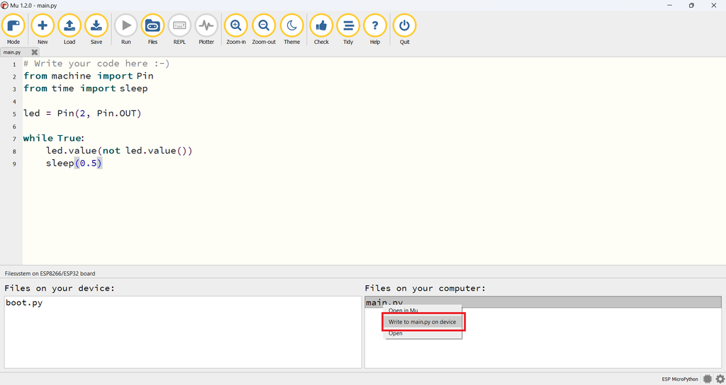 ESP32 On-board LED Blinking With MicroPython and Mu Editor : 4 Steps ...