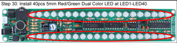 Install 40pcs 5mm Red/Green Dual Color LED at LED1-LED40