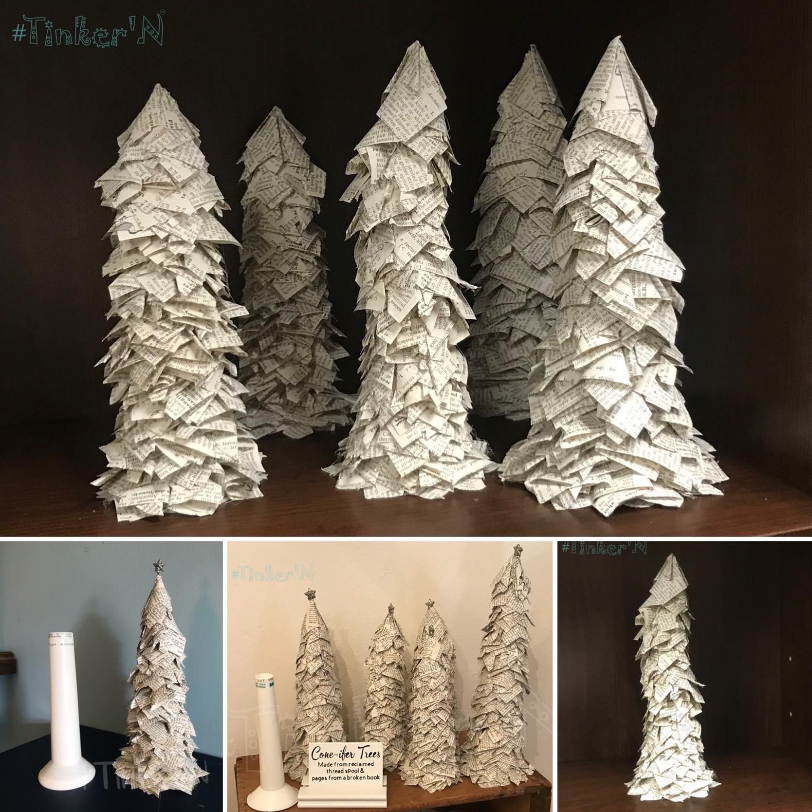 "Cone-ifer Tree":  Holiday Trees Made From Plastic Cone & Pages From an Old Book 